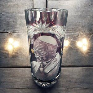 Vintage Amethyst Cut To Clear Glass Vase Portrait of Pope John Paul II Heavy VTG